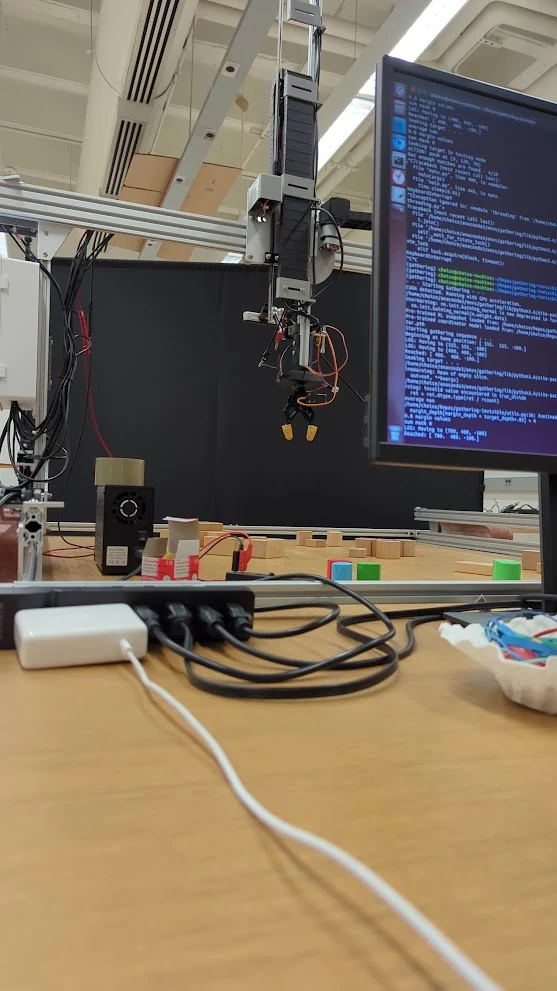 Robot testing with software output visible beside the rig.