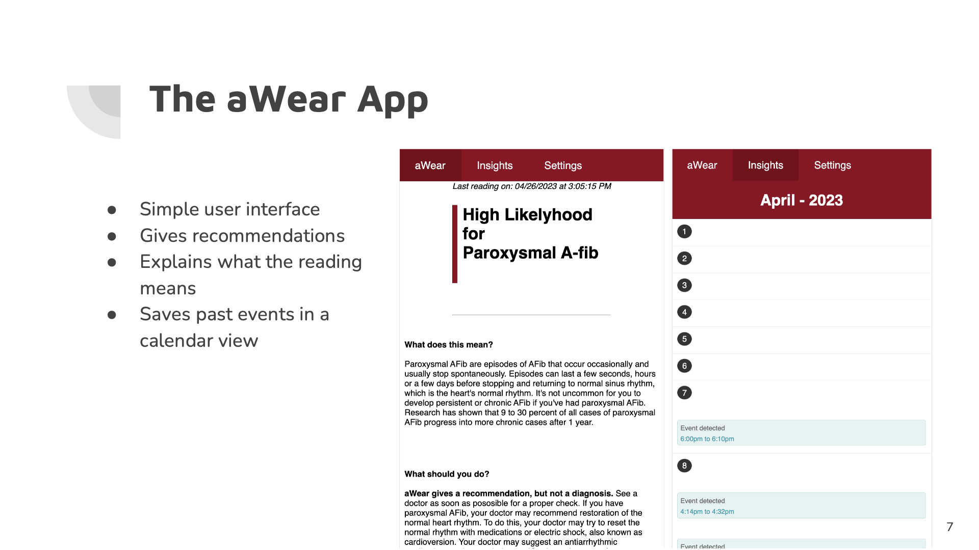 Prototype web interface showing a reading explanation and calendar-based event history.