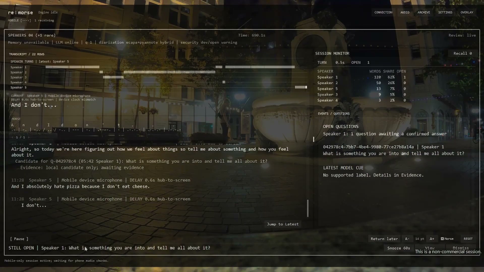 The remorse prototype showing a live transcript and conversation context.