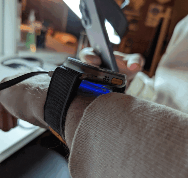 The cardiac monitor prototype strapped to a wrist.