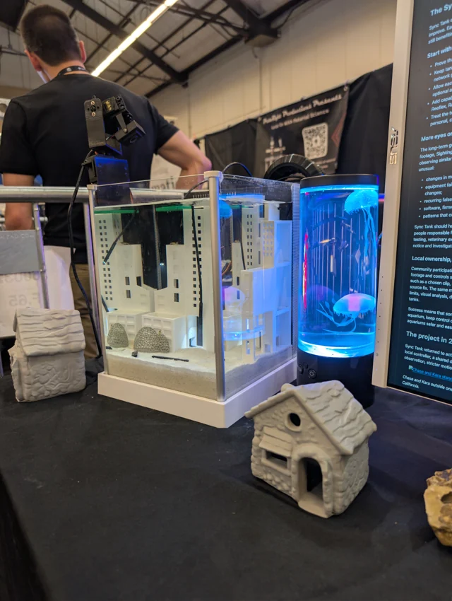 The printed Shrimp City habitat and a camera mounted beside the tank.
